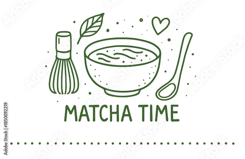 Matcha time: whisk, bowl, leaf, and spoon
