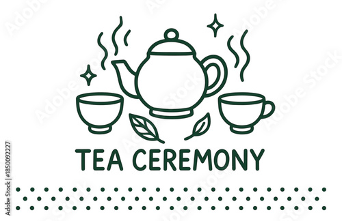 Elegant tea ceremony icon with teapot and cups decorated with leaves and steam