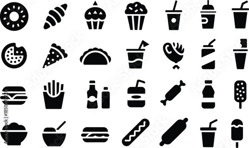 PrintSet of black fast food icons featuring burgers, pizza, drinks, fries, and desserts for restaurant menus, snack bar branding, and delivery