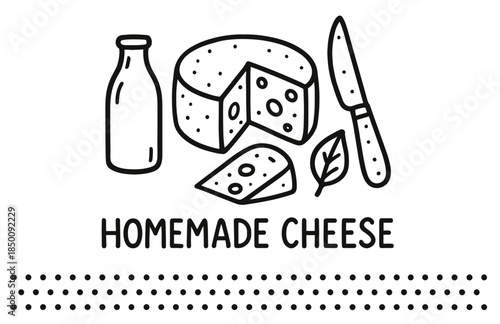 Homemade cheese ingredients and tools: bottle, round cheese, knife, leaf, slices in black and white drawing