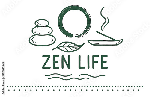 Zen life symbols with stones, circle, leaf, and incense for tranquility and balance