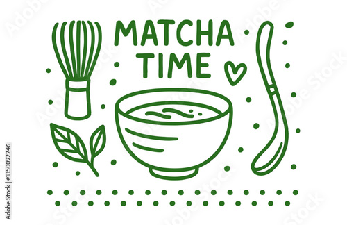 Matcha time: whisk, bowl, leaf, and spoon design with heart accents