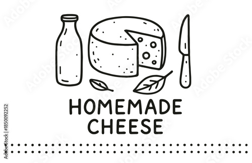 Hand-drawn homemade cheese with milk bottle and knife