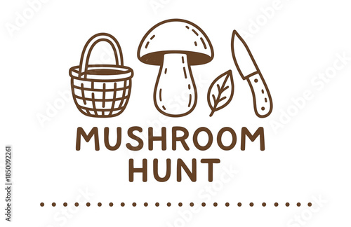 Mushroom hunt logo with basket, mushroom, leaf, and knife