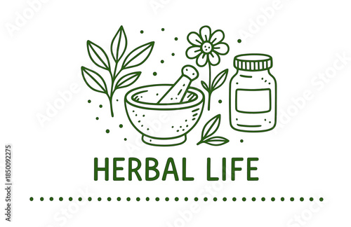 Herbal life design with mortar, pestle, jar, and plants
