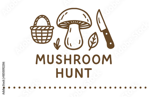 Mushroom hunt banner with mushroom, basket, knife icons