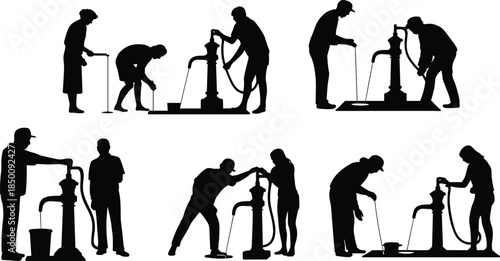 PrintWater pump silhouette illustration, people drawing water vector, traditional manual design sketch, rural community outline icon, agriculture lifestyle graphic art