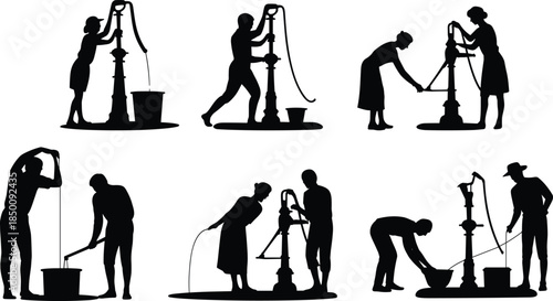 PrintWater pump silhouette illustration, people using manual pump vector, rural village design sketch, traditional community outline icon, agriculture lifestyle graphic art