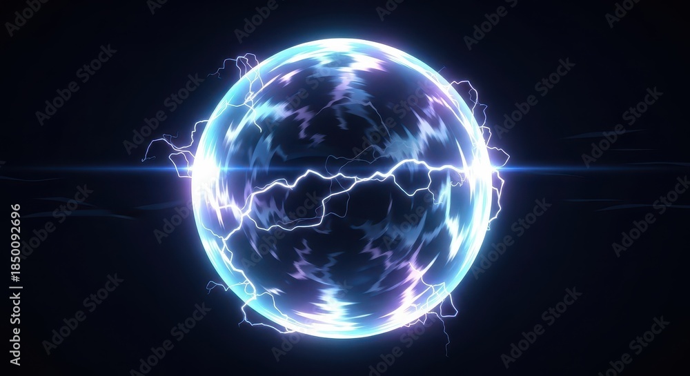 Obraz premium Brilliant blue energy sphere crackles with intense electrical discharge against a dark background