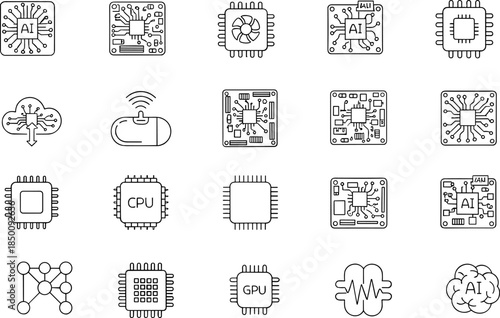 Artificial intelligence processor icons set, CPU GPU microchip symbols, technology line vector illustration, isolated white background collection