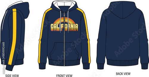 California vintage hoodie mockup with front back side views, navy blue streetwear apparel vector fashion illustration