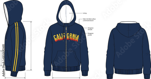 California vintage zip hoodie, technical fashion illustration, front back side views, apparel design mockup, vector template streetwear concept