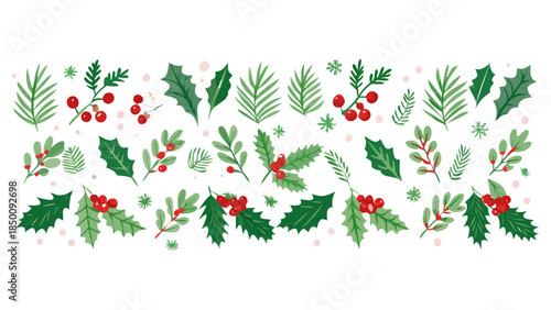 Seamless Christmas Pattern with Mistletoe, Spruce Branches, Green Leaves and Berries. vector icon
