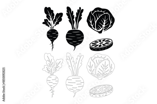 Artistic black and white graphic representations of root vegetables like beets and cabbage, presented in both detailed line art and bold silhouette styles for culinary and agricultural themes.