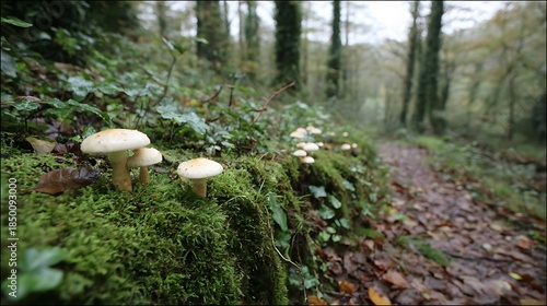 Mushrooms in focus, foreground green moss, path leading into blurred distance of woodland