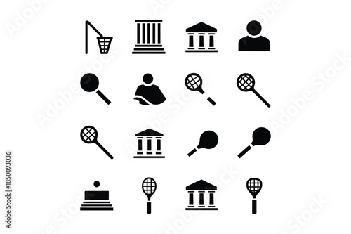 A diverse icon set capturing the essence of sports and cultural landmarks, including tennis rackets, running figures, classical architecture, and civic buildings for educational or travel themes.