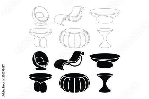 Modern furniture icons in outline and silhouette, featuring unique designer chairs and tables, ideal for interior design, home decor, and architectural visualization.