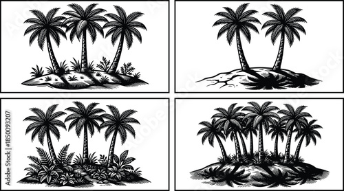 Tropical palm tree island silhouette collection with jungle vegetation, black vintage nature illustrations set isolated