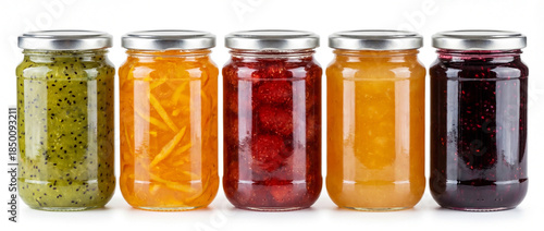 Five glass jars filled with jams and marmalade made from kiwi, orange, strawberries, quince, and blackberries