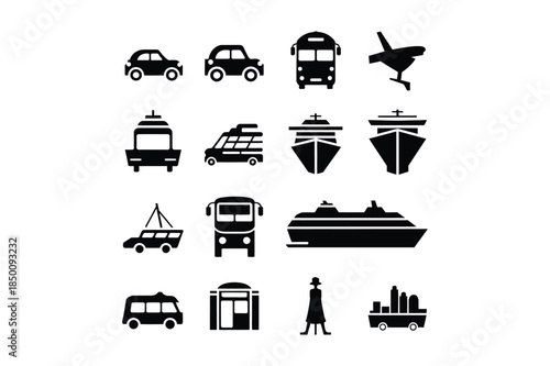 Comprehensive transportation icon collection featuring cars, buses, airplanes, ships, and more, presented in silhouette for travel, logistics, and urban mobility concepts.