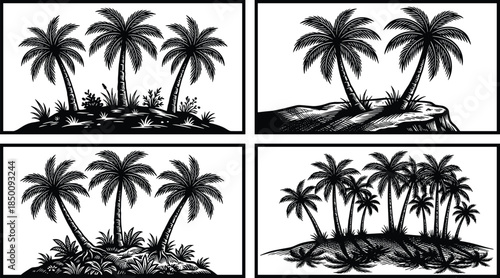 Tropical palm tree island silhouette illustration set with jungle vegetation, black vintage nature landscape designs isolated