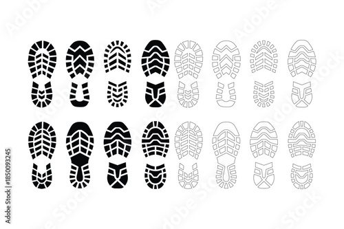 Footprint icons showcasing a variety of boot sole patterns in both black and white outline and filled silhouette styles, ideal for themes of hiking, adventure, or tracking.