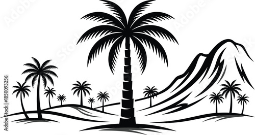 Tropical palm tree landscape silhouette with island hills and mountains, exotic black nature illustration for travel design
