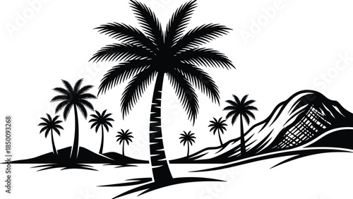 Tropical palm tree landscape silhouette with mountains and island scenery, exotic black nature illustration for summer design