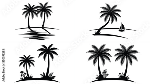 Tropical palm tree silhouette icon set with beach island water reflection and sailboat scenes, black vector collection