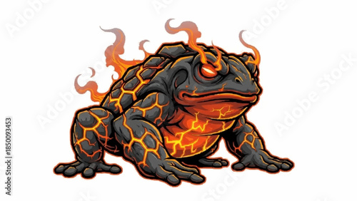 A powerful volcanic toad monster with a cracked, rocky body, a glowing molten core, and orange flames rising from its back.