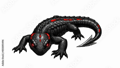 Top-down view of a dark fantasy lizard creature with scaly black skin, glowing red eyes, and red spots on its head.
