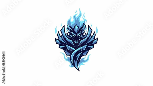 Mascot logo of a formidable ice knight character in ornate blue armor, enveloped in ethereal light blue flames and frost.