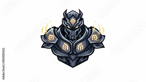 Bust of a powerful dark knight in ornate gray armor with a demonic helmet and glowing yellow eyes and magical golden runes.