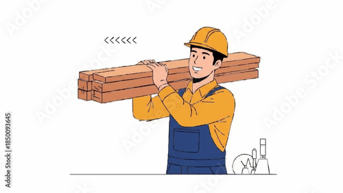Cheerful cartoon construction worker in a yellow hard hat and blue overalls carrying a stack of wooden planks on his shoulder.