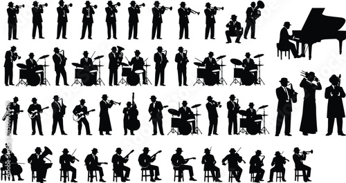 Collection of musician silhouettes playing various instruments, jazz band performers, orchestra players, musical artist poses, isolated black vector music illustration set