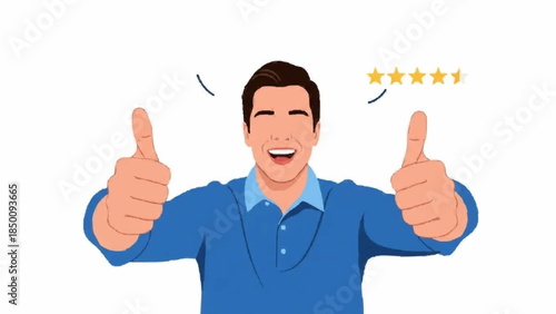 Happy and satisfied man giving two thumbs up with a five-star rating symbol in a speech bubble, showing customer approval.