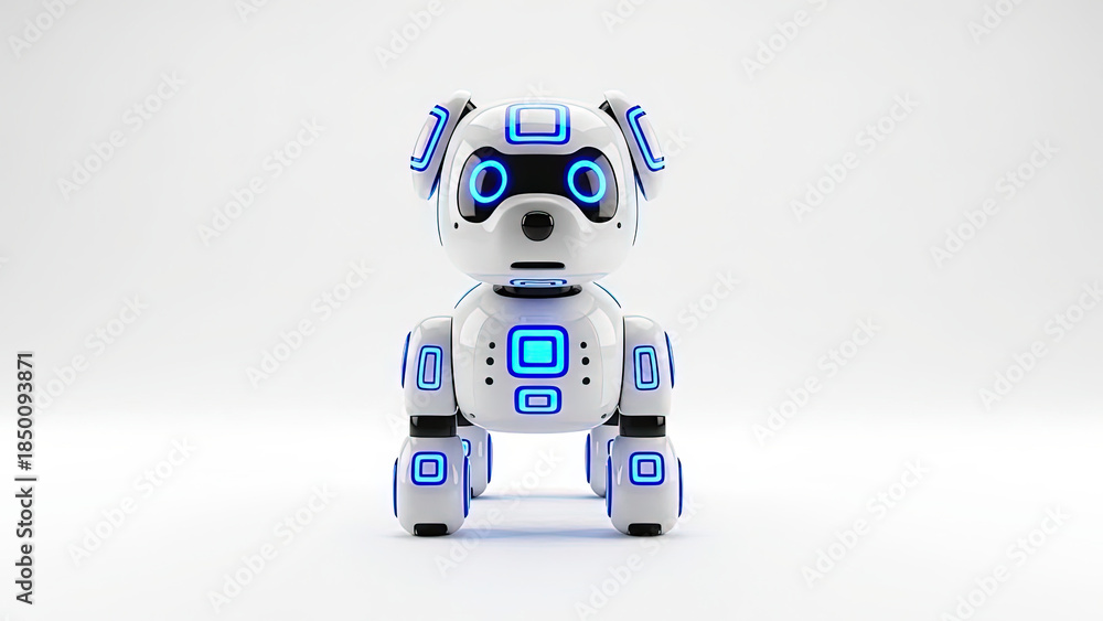 Fototapeta premium Cute White Robot Dog with Glowing Blue Accents on Clean White Representing AI Companionship and Technology.