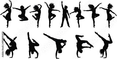 Dynamic silhouette dancers performing energetic jumps, acrobatic gymnastics poses, contemporary dance movements, artistic choreography shapes and athletic motion on clean white background