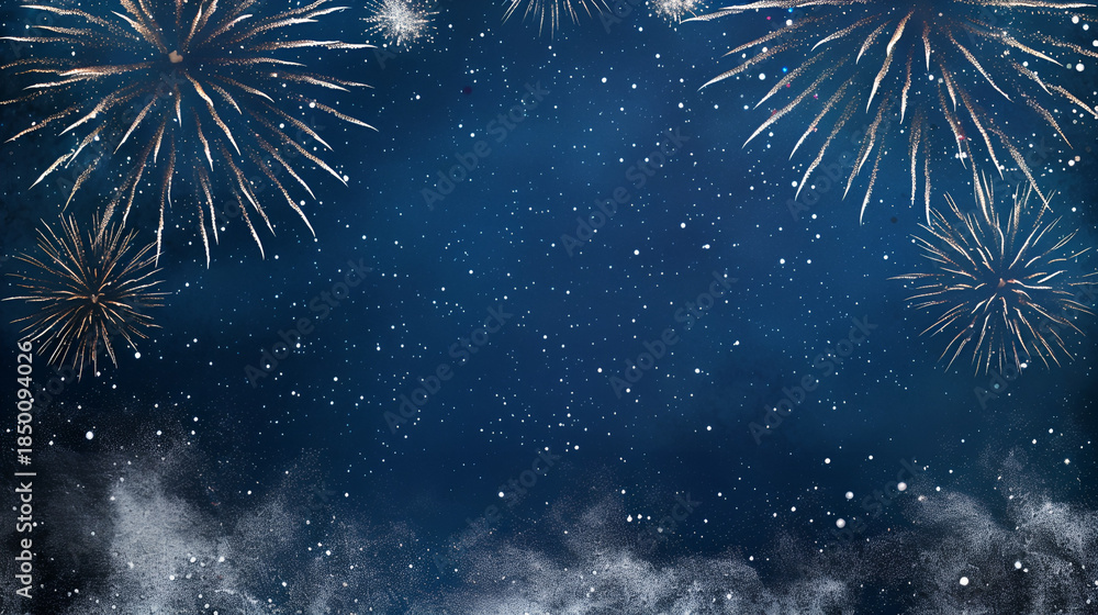 Fototapeta premium Midnight Snow & Fireworks — New Year Background, fireworks in the night sky