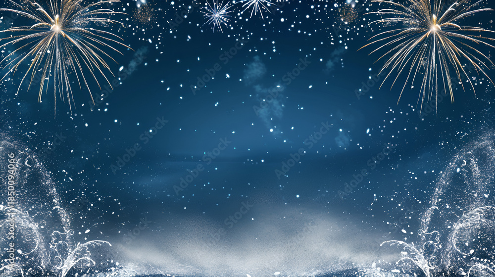 Fototapeta premium Winter Spark Cascade — Fireworks with Snow Fountains, fireworks in the night sky