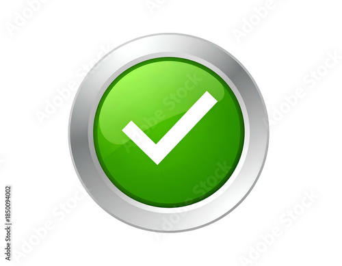 A glossy green circular icon with a white checkmark and metal rim