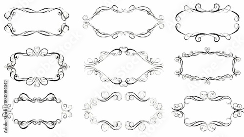 A collection of nine elegant vintage-style frames and borders with floral swirls and a subtle grunge texture effect.
