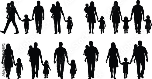 Silhouette family walking together holding hands, parents with children, happy family unity, parenting lifestyle concept, childhood bonding illustration on white background