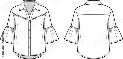 PrintBlouse flat sketch illustration, collared neckline garment vector, fashion clothing design outline icon, apparel technical drawing graphic, ruffled sleeve style symbol art