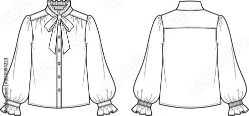 PrintBlouse flat sketch illustration, ruffled collar garment vector, bow tie fashion clothing outline icon, apparel technical drawing graphic, puff sleeve symbol art