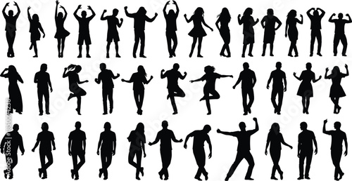 Silhouette people dancing and posing in expressive movement gestures, diverse human figure collection, dynamic lifestyle poses, modern body motion illustration on white background