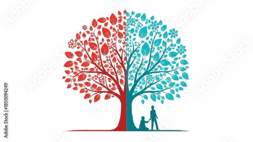 Symbolic illustration of a tree of life with red and blue halves, representing duality, with silhouettes of people underneath.