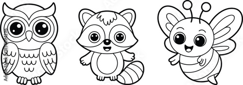 PrintCartoon animal illustration flat sketch drawing, owl raccoon bee vector, children coloring book design outline icon, cute wildlife educational art