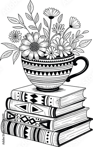 PrintDecorative teacup floral bouquet illustration, stacked books vector drawing, artistic outline icon, cultural geometric pattern graphic, nature creativity symbolic art