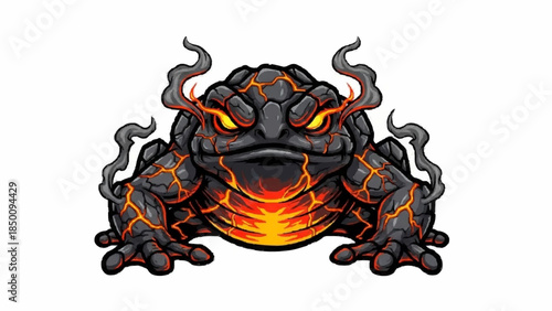 Fierce magma toad monster with a rocky, cracked black body, a glowing orange belly, and smoke coming from its head.